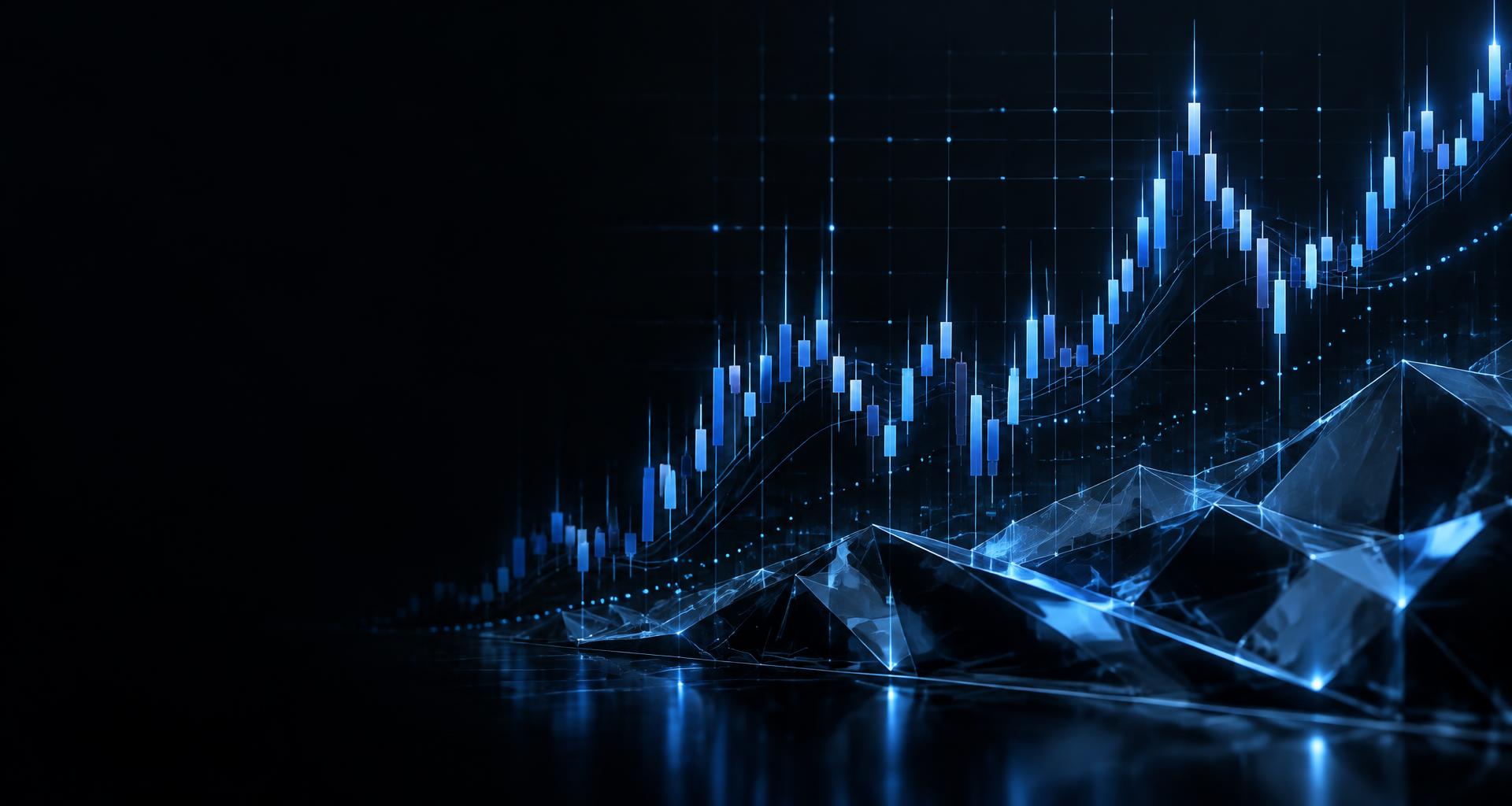 Visualizzazione illustrativa di un grafico finanziario con candele e linee di analisi blu